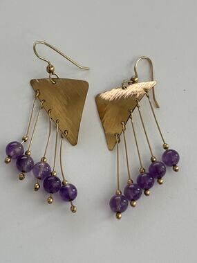 Genuine Amethyst Dangle Gold Tone Earrings Abstract